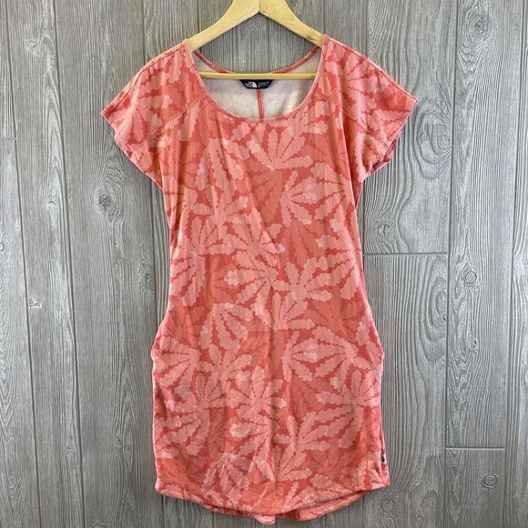 THE NORTH FACE Orange Print Short Sleeve Pockets Shirt‎ Dress Womens Sz Small - Picture 1 of 6